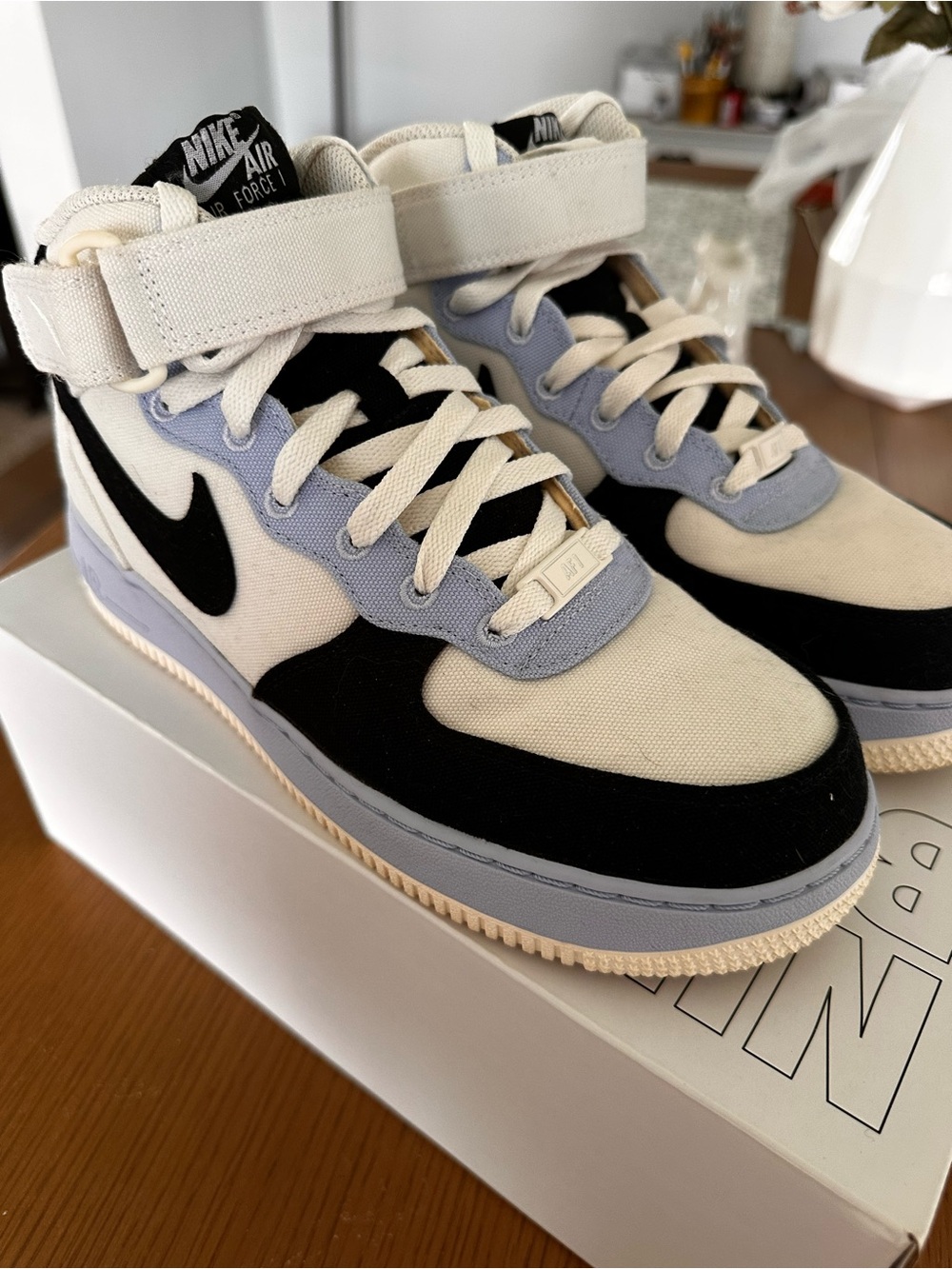 Nike Air Force Mid Sneakers in Black, Cream & Light Blue